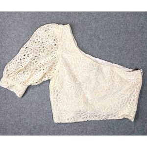 TOPSHOP One-Shoulder Lace Puff Sleeve Crop Top Ivory Floral Embroidery Size US 6